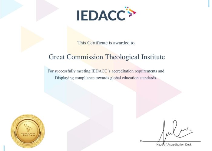 accreditation certificate awarded to great commission theological institute 1